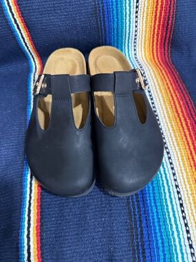 Kids Black Slip-On Leather Clog Sandals